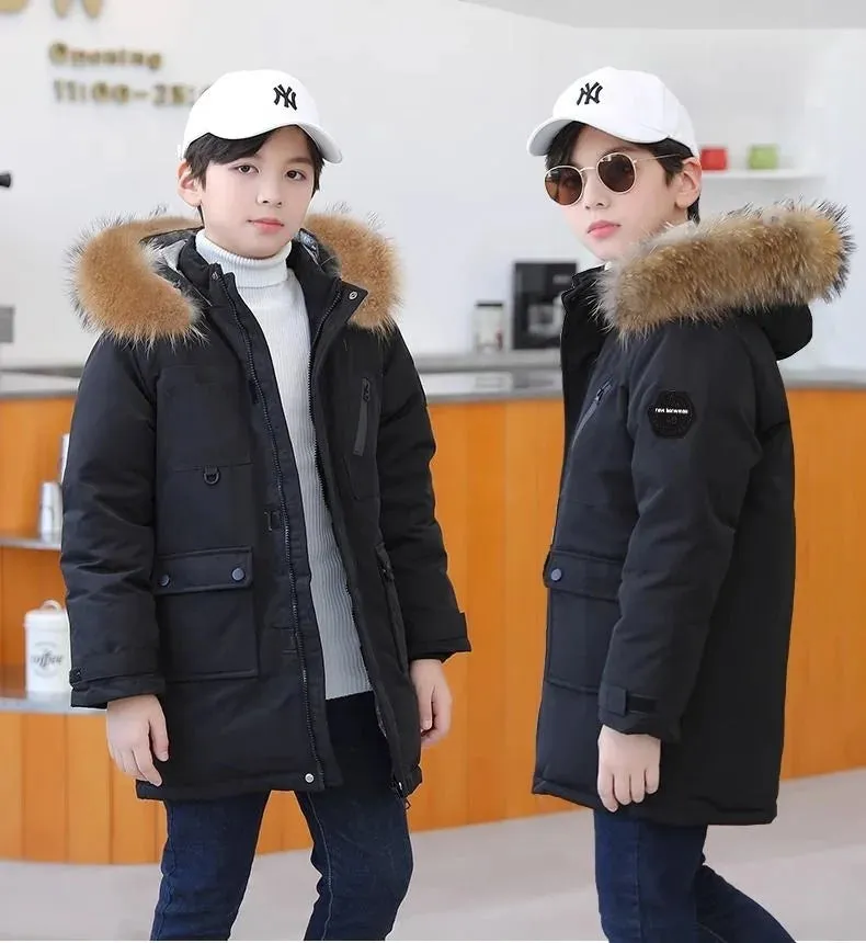 5 6 8 10 12 Years Winter Boys Jacket Thicken Keep Warm Fashion Fur Collar Kids Jacket Hooded Zipper Children Outerwear Clothing