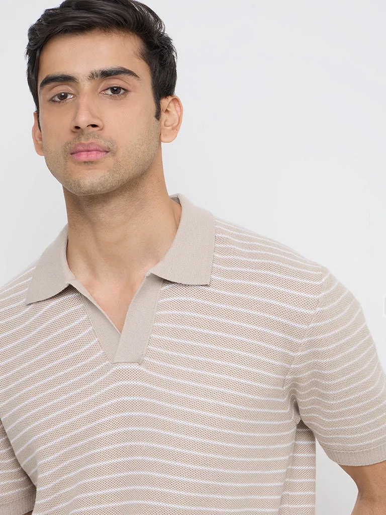Ascot Beige Striped Relaxed-Fit Polo T-Shirt