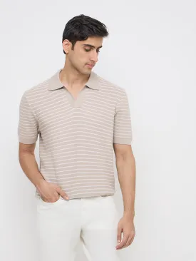 Ascot Beige Striped Relaxed-Fit Polo T-Shirt Ascot Beige Striped Relaxed-Fit Polo T-Shirt