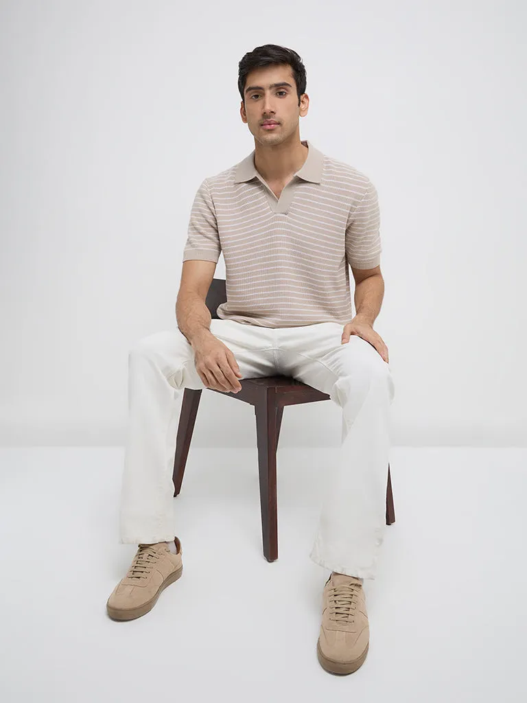 Ascot Beige Striped Relaxed-Fit Polo T-Shirt