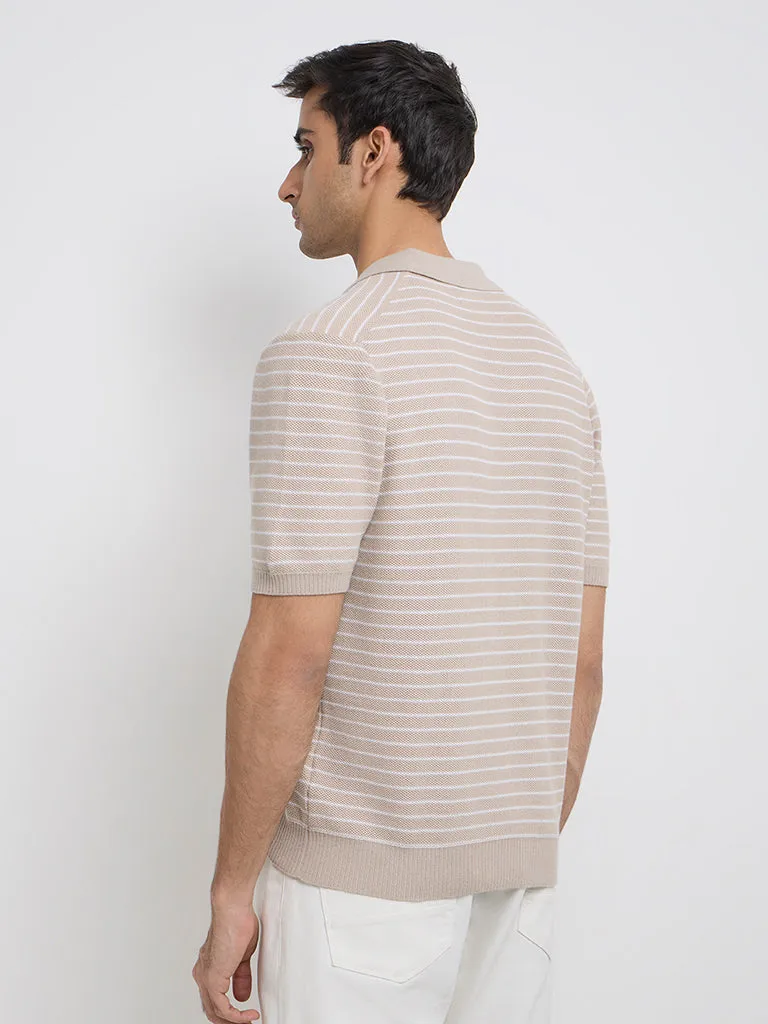 Ascot Beige Striped Relaxed-Fit Polo T-Shirt