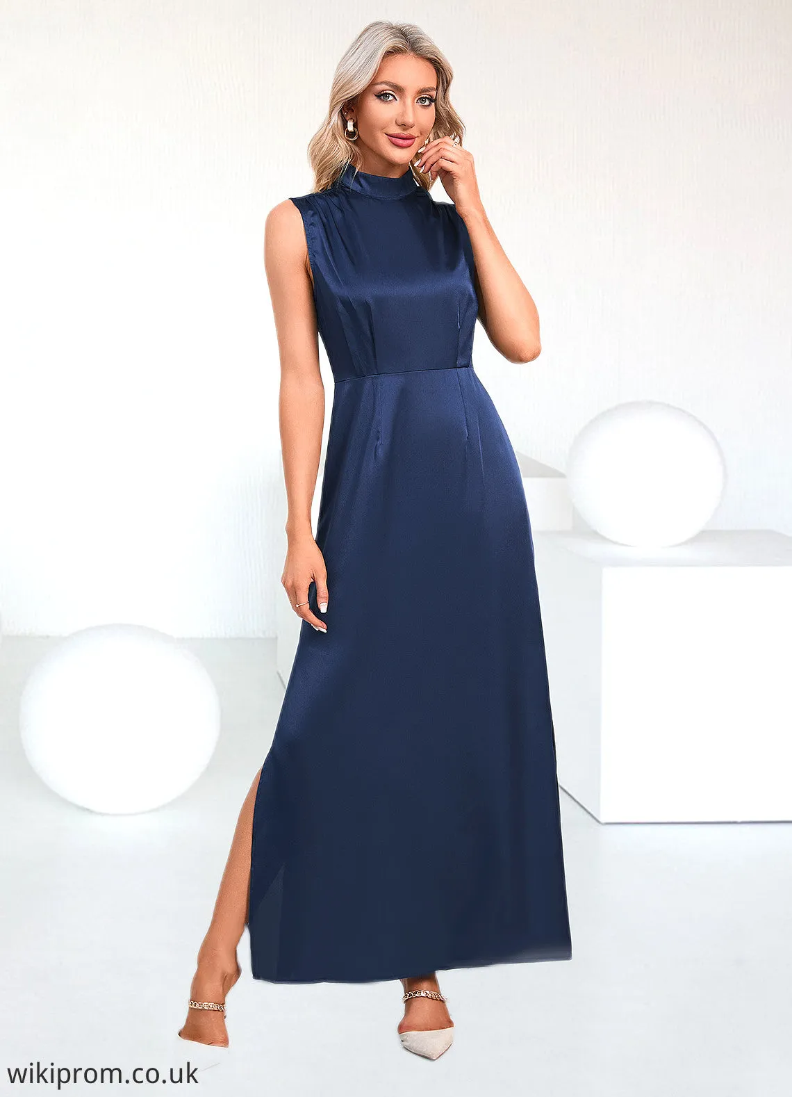 Belen High Neck Elegant A-line Satin Maxi Dresses SWKP0022520