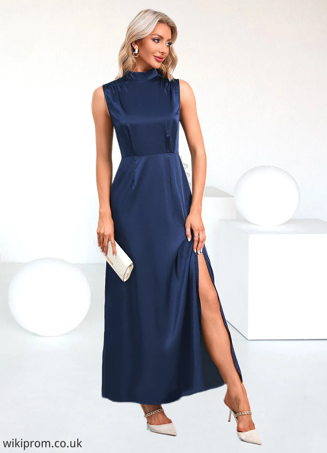 Belen High Neck Elegant A-line Satin Maxi Dresses SWKP0022520