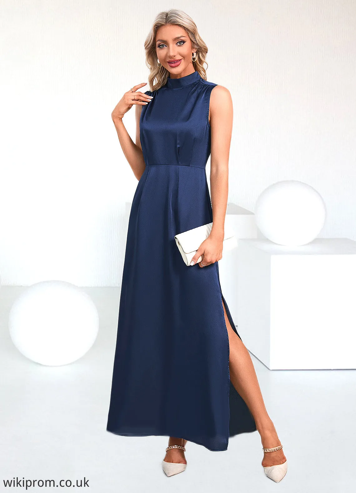 Belen High Neck Elegant A-line Satin Maxi Dresses SWKP0022520