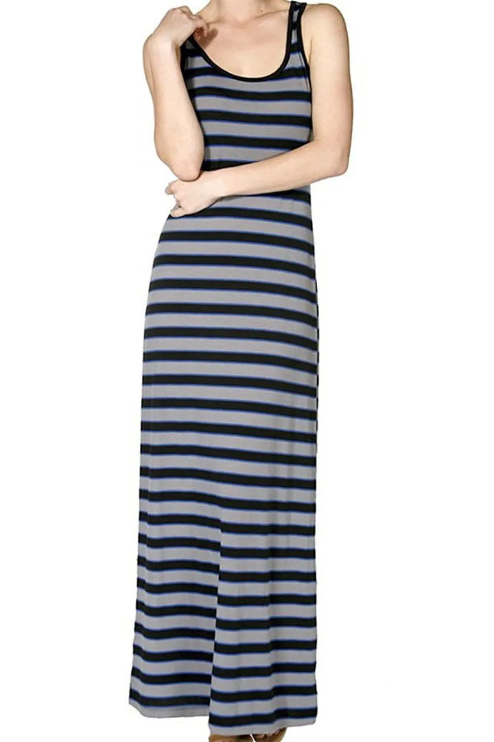 Black Grey Striped Racerback Fashion Knit Maxi Dress