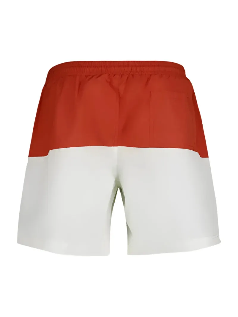 Brunello Cucinelli Mens Logo Embroidered Swim Trunks in Orange & White