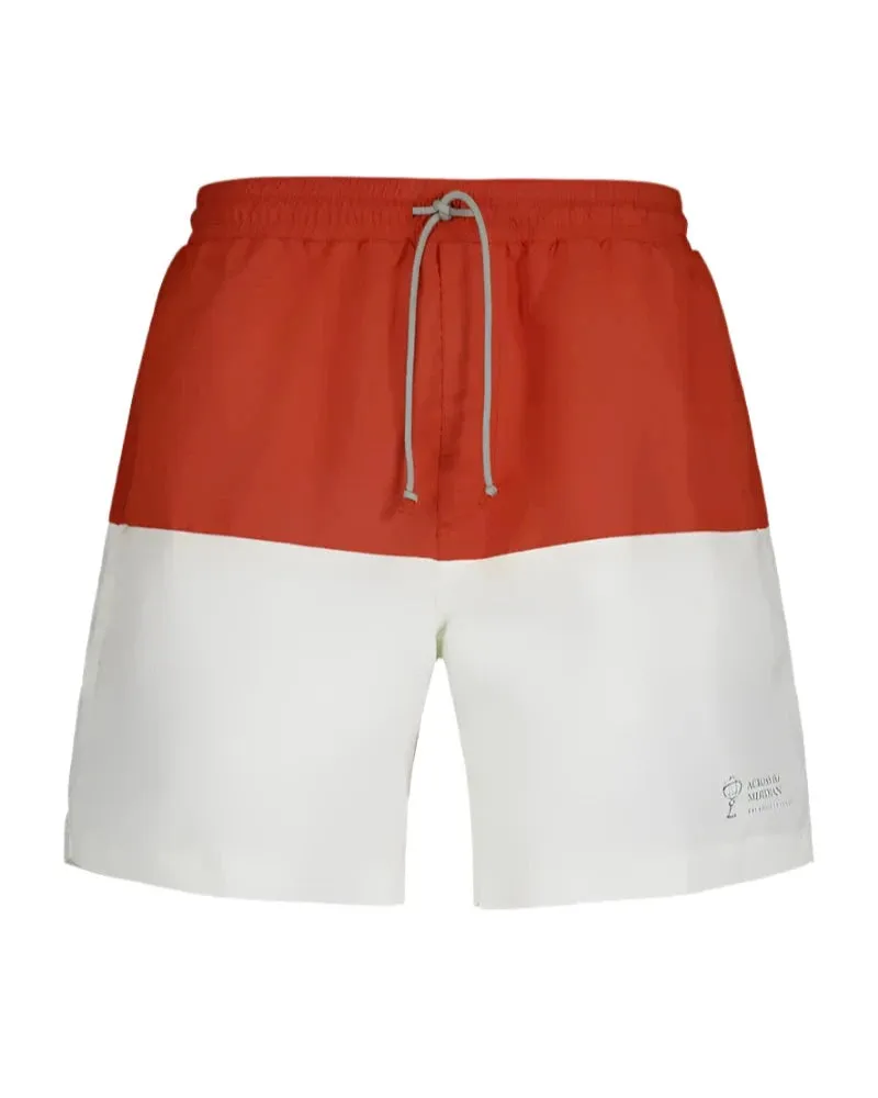 Brunello Cucinelli Mens Logo Embroidered Swim Trunks in Orange & White