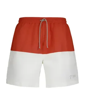 Brunello Cucinelli Mens Logo Embroidered Swim Trunks in Orange & White