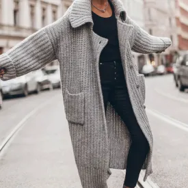 Casual Collared Drop Shoulder Button Front Chunky Brioche Knit Duster Cardigan