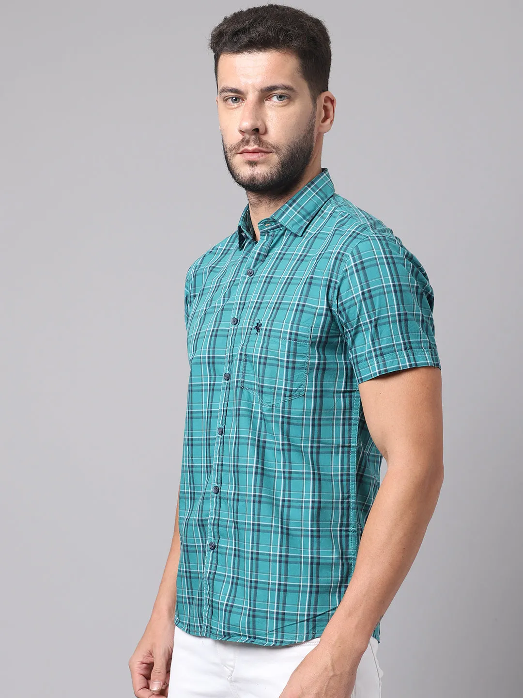 Cotton Checkered Green Half Sleeve Regular Fit Casual Shirt for Men with Pocket