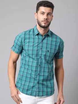 Cotton Checkered Green Half Sleeve Regular Fit Casual Shirt for Men with Pocket