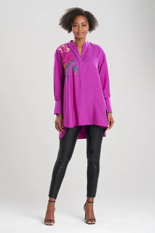 Cotton Silk Half Placket Embroidered Shirt