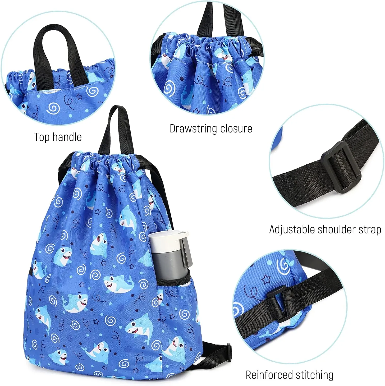 Drawstring Backpack for Kids - Coconut Tree Bags for Girls Mini Gym Dance Beach Swim Travel Bag With Two Water Bottle Holder Dark Blue Clinch Bag