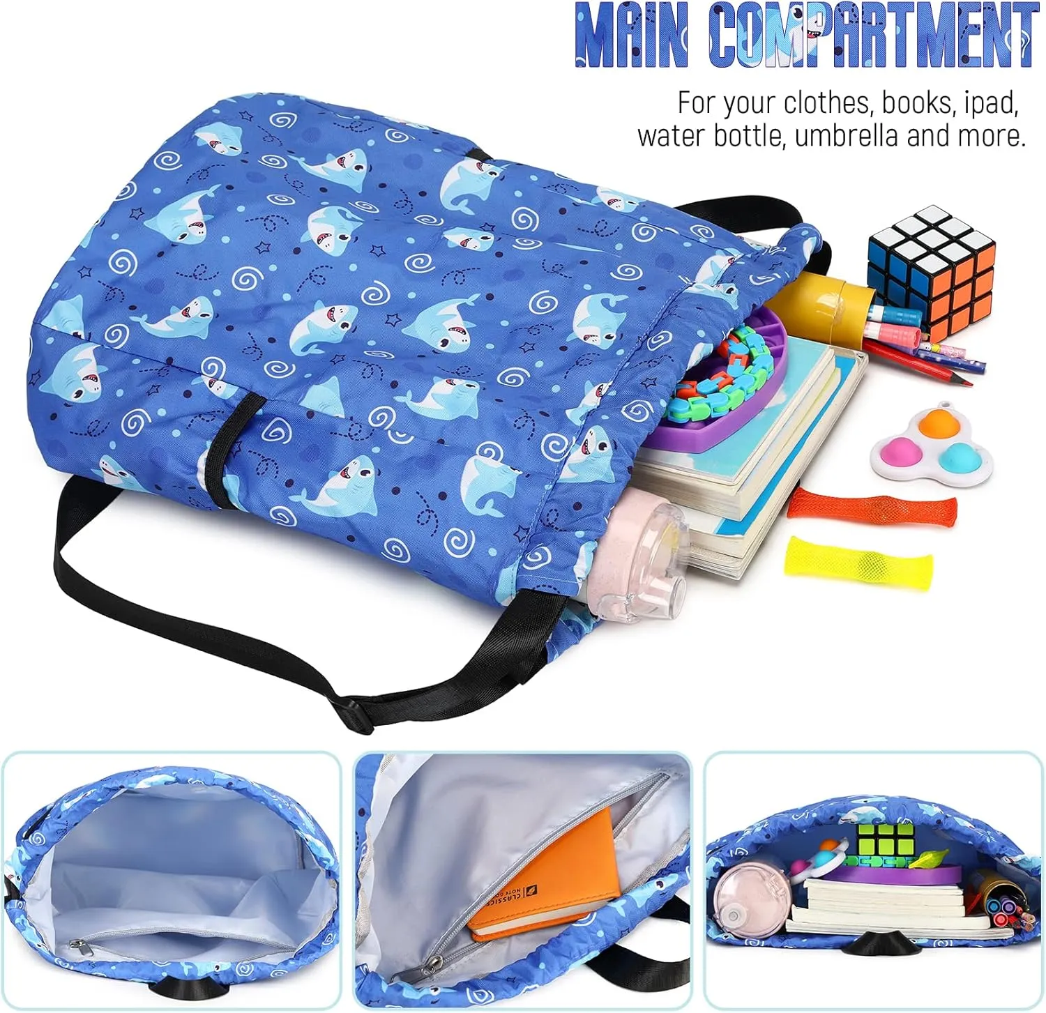 Drawstring Backpack for Kids - Coconut Tree Bags for Girls Mini Gym Dance Beach Swim Travel Bag With Two Water Bottle Holder Dark Blue Clinch Bag