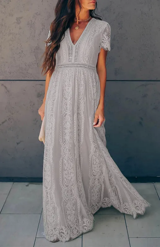 Elegant Overlay Guipure Lace Maxi Dress