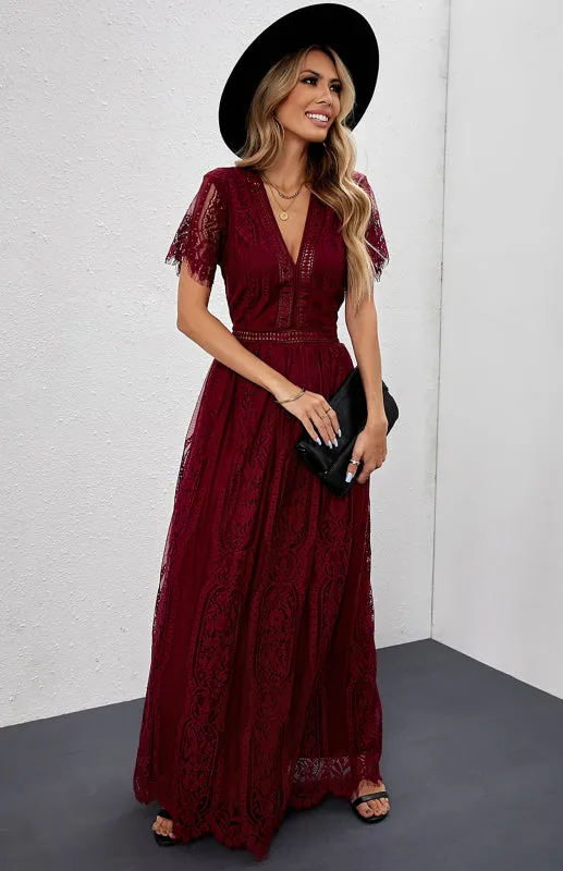 Elegant Overlay Guipure Lace Maxi Dress