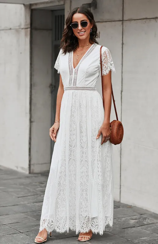 Elegant Overlay Guipure Lace Maxi Dress
