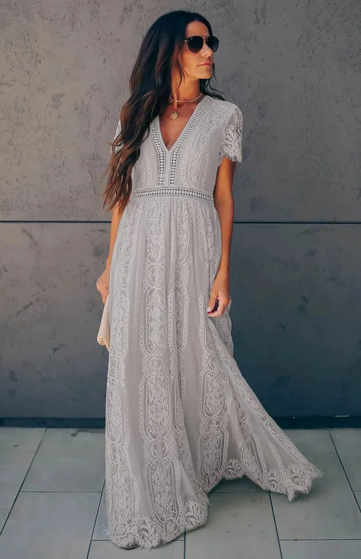 Elegant Overlay Guipure Lace Maxi Dress