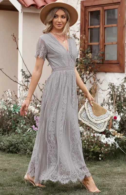 Elegant Overlay Guipure Lace Maxi Dress