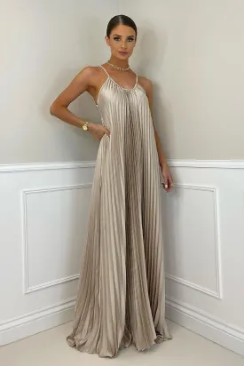 Elegant pleated long halter neck dress