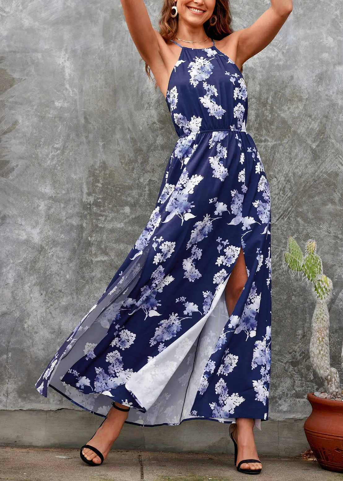 FLYTONN- New Navy Side Open Print Cotton Maxi Dresses Summer WW1050