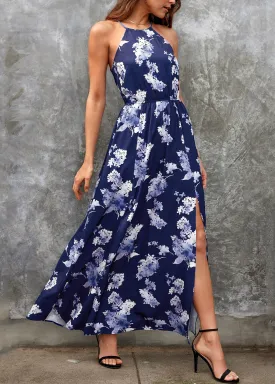 FLYTONN- New Navy Side Open Print Cotton Maxi Dresses Summer WW1050