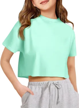 Girls Athletic Oversized Crop Tops Kids Drop Shoulder Short Sleeve T Shirts Workout Tees 5-14 Years