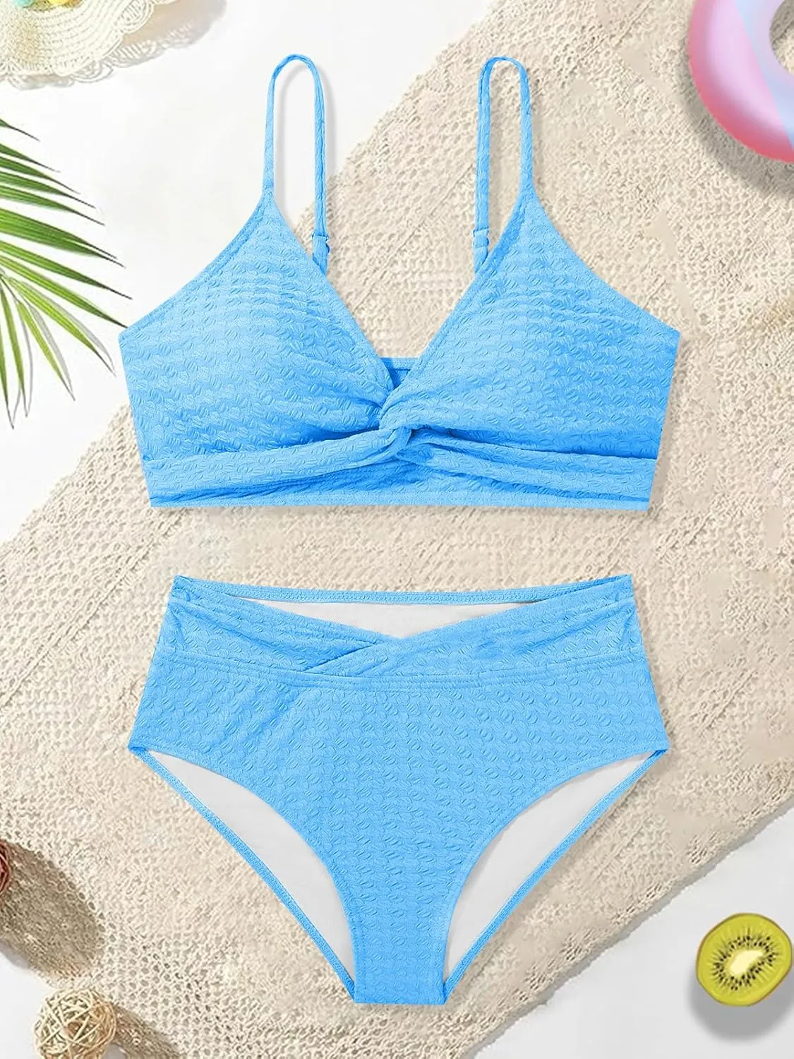 Girls Swimsuit Solid Bathing Suit 2 Piece Twist Cross Adjustable Straps Bikinis for Teen Girls with Chest Pad