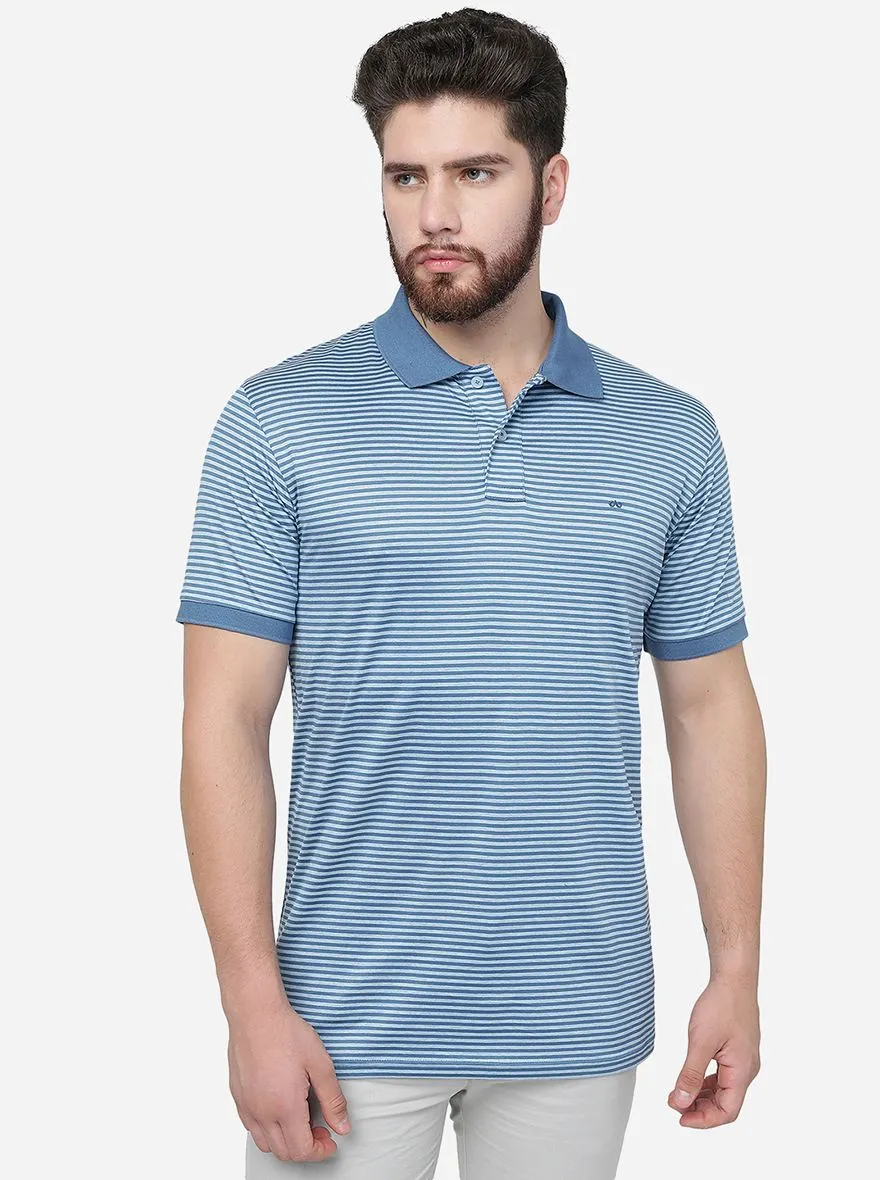Light Blue Striped Slim Fit Polo T-Shirt | JadeBlue