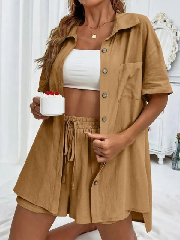 Loose-fit short-sleeve single-breasted shorts Two-piece solid-color shirt set