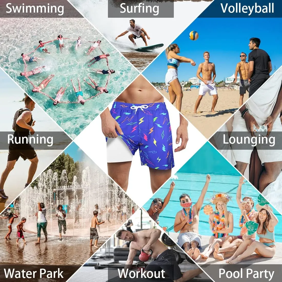 LUCOWEE Mens Swim Trunks with Compression Liner Anti Chafe Quick Dry UPF 50  Swimming Shorts 5" 7" Inseam Bathing Suit