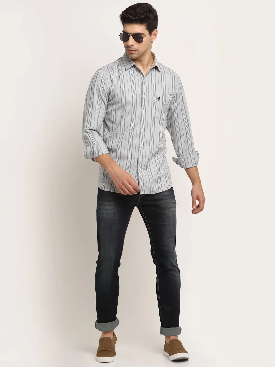 Men Cotton Striped Grey Full Sleeve Casual Shirt for Men with Pocket