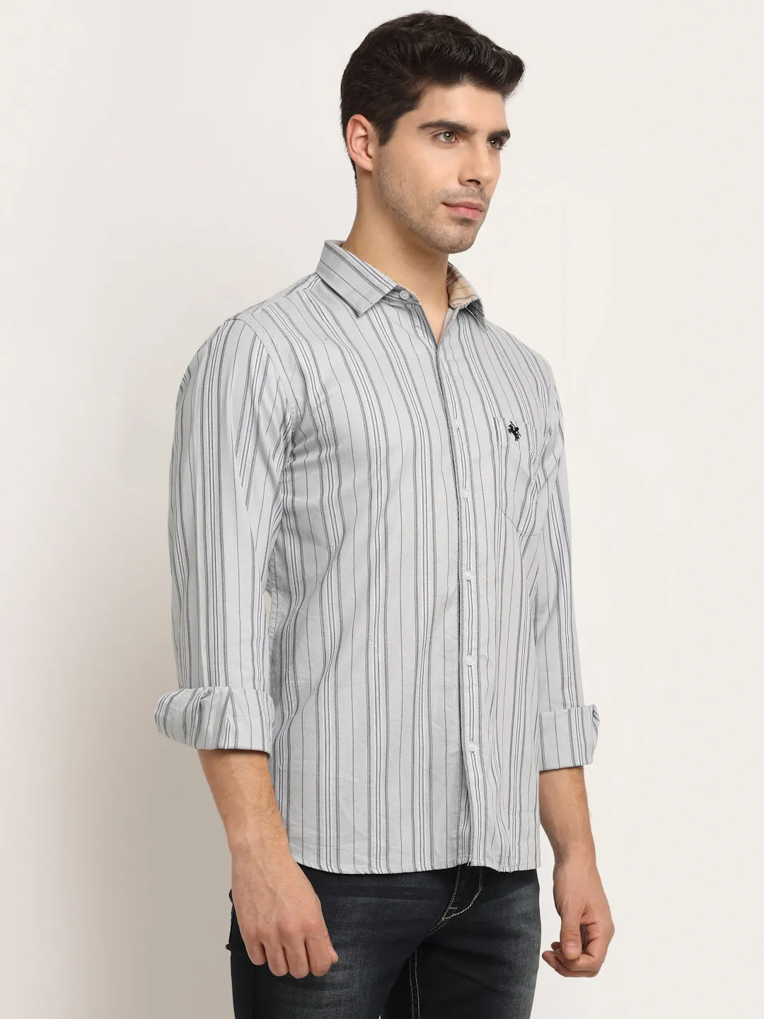Men Cotton Striped Grey Full Sleeve Casual Shirt for Men with Pocket