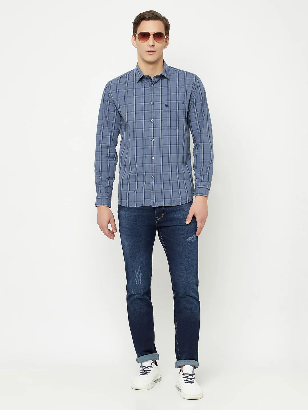 Men's Grey Casual Medium Checks Full Sleeve Shirt