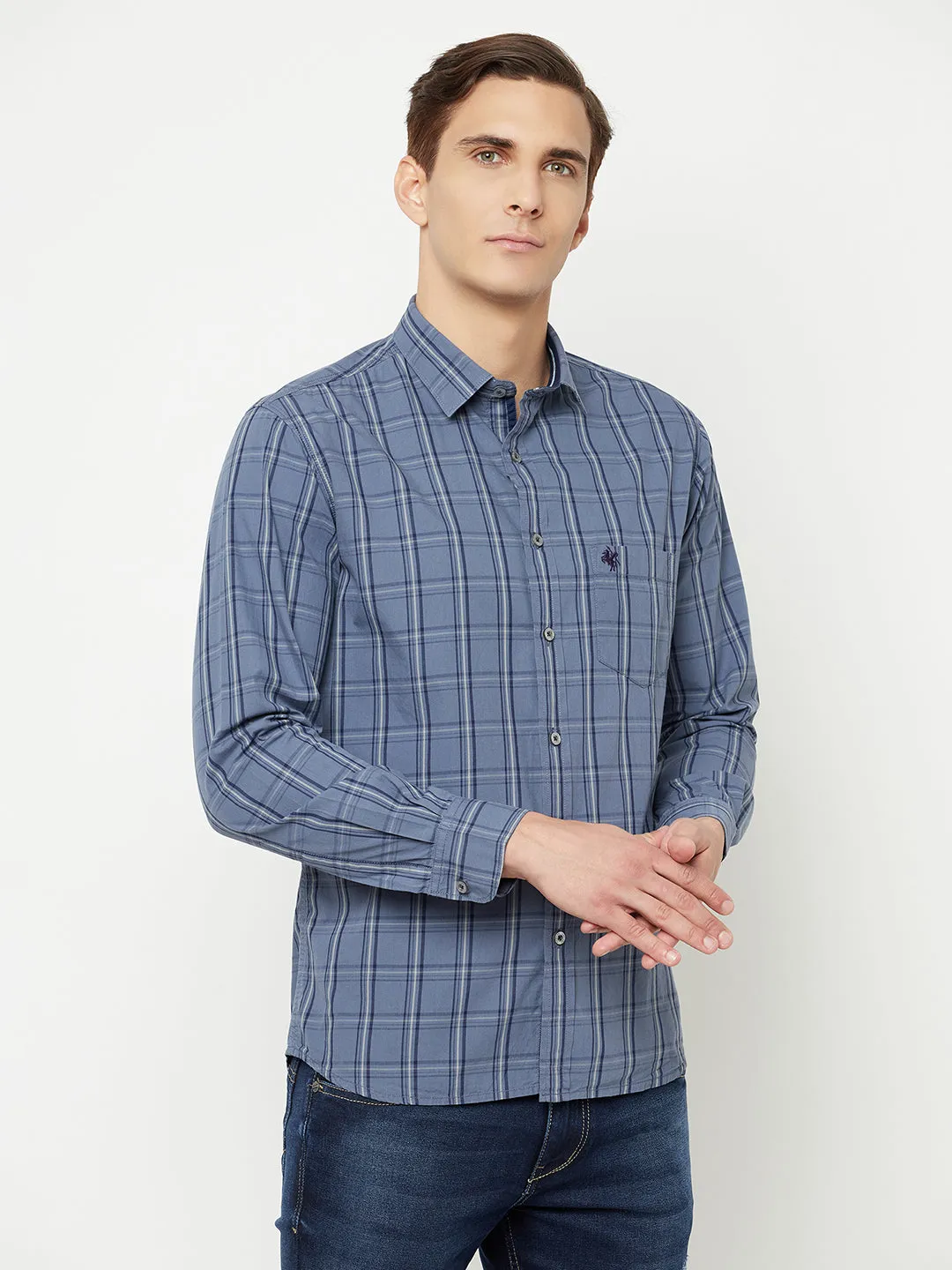 Men's Grey Casual Medium Checks Full Sleeve Shirt