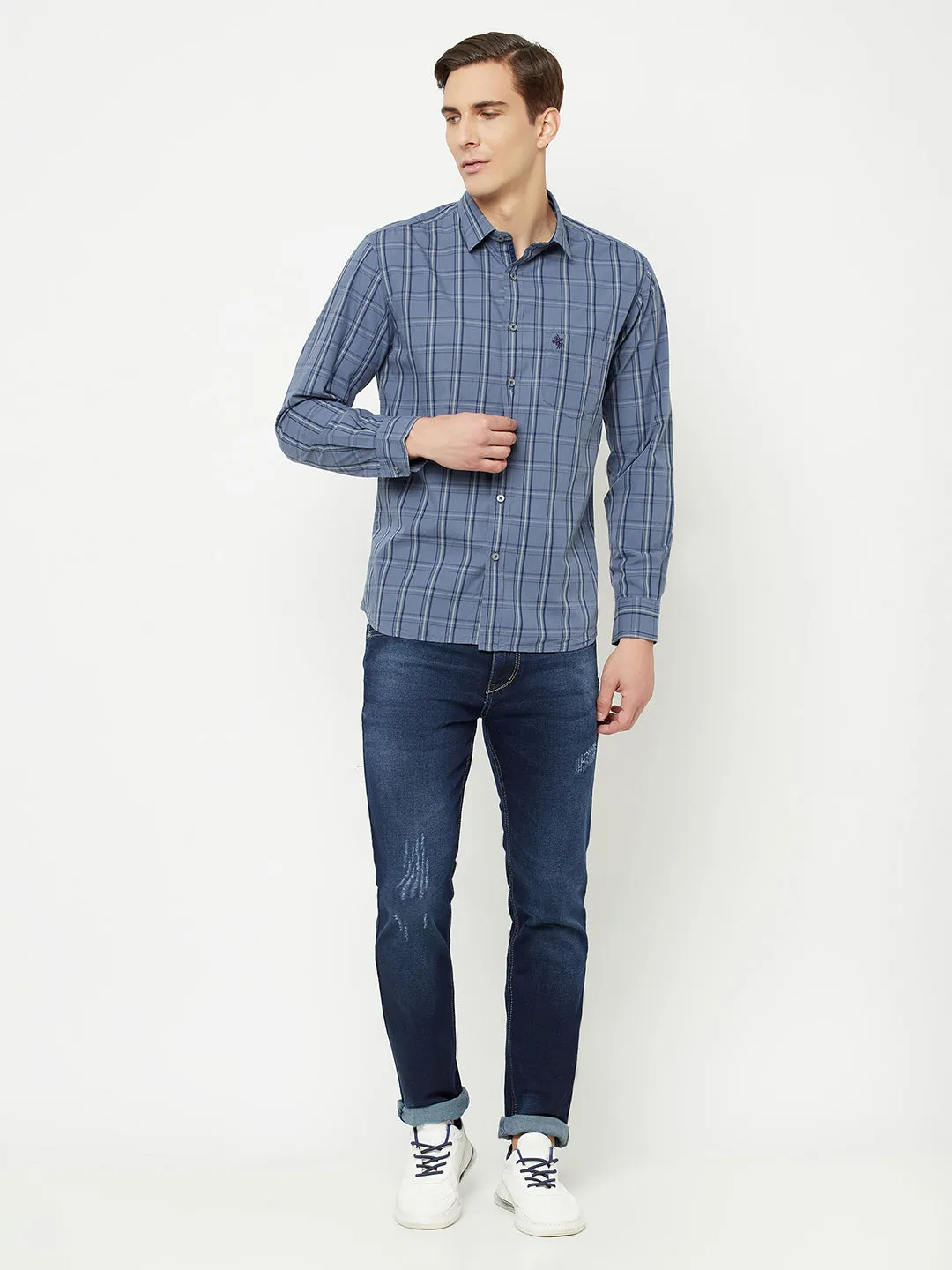 Men's Grey Casual Medium Checks Full Sleeve Shirt