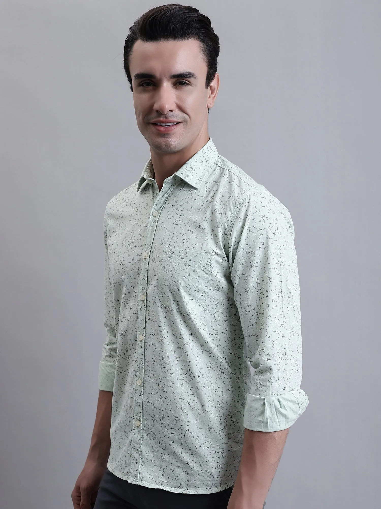 Men's Light Green Casual Abstract Ditsy Print Full Sleeve Shirt