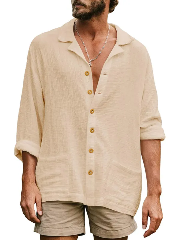 Men's Loose Plus Size Casual Lapel Long Sleeve Shirt Solid Color Shirt