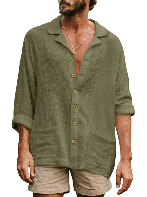 Men's Loose Plus Size Casual Lapel Long Sleeve Shirt Solid Color Shirt