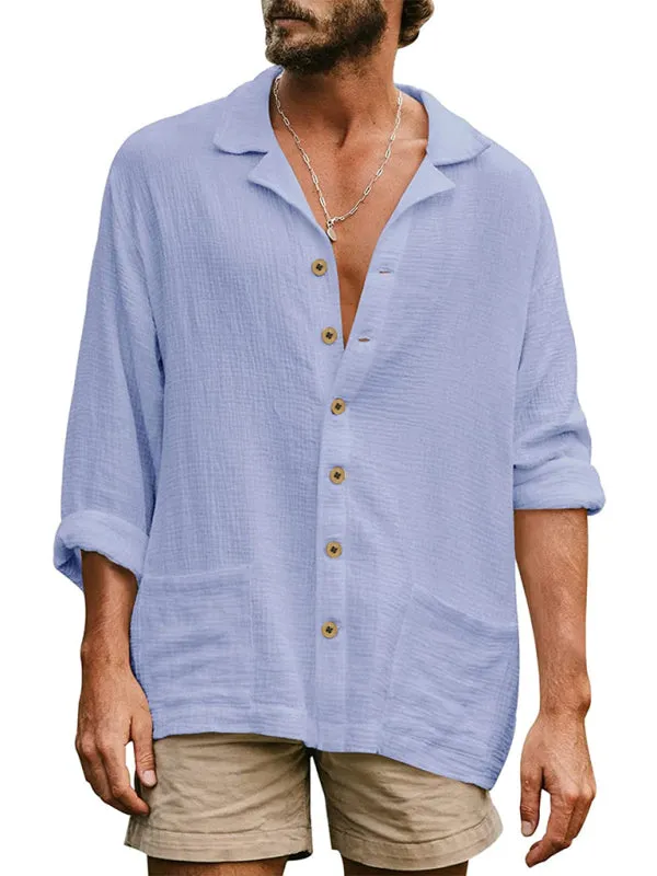 Men's Loose Plus Size Casual Lapel Long Sleeve Shirt Solid Color Shirt