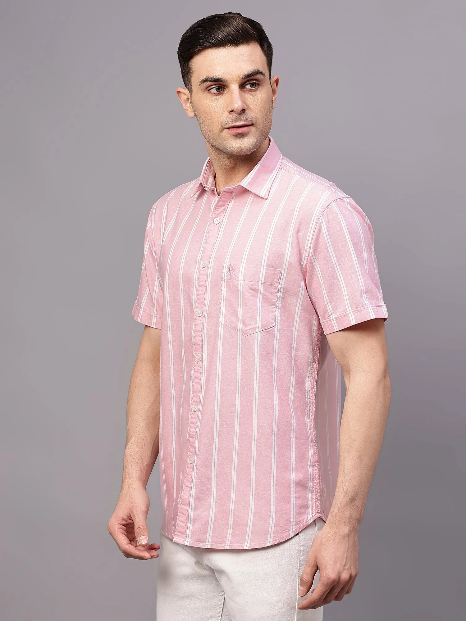 Men's Pink Casual Broad Stripe Half sleeve Shirt