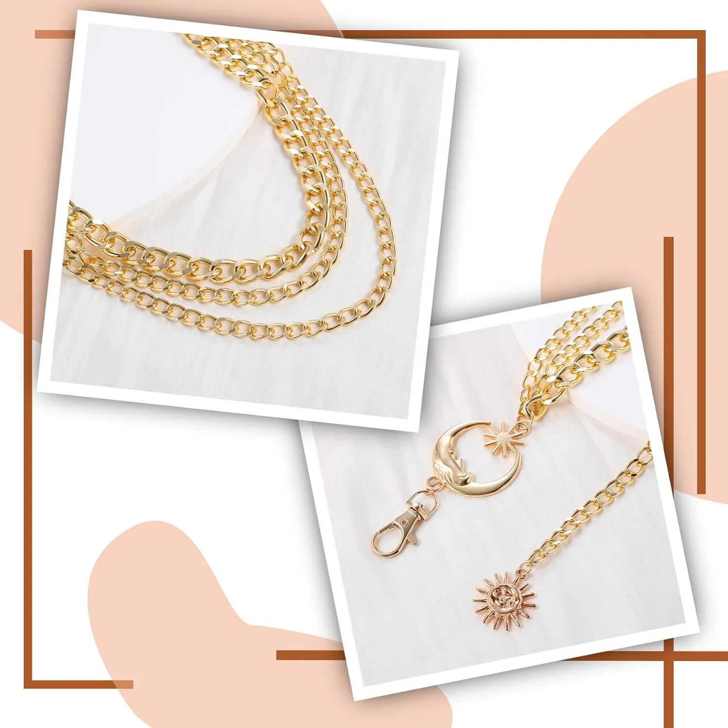 MILAKOO 3 Layered Metal Waist Chain Belt for Women Moon & Sun Belly Belt Body Chain Jewelry for Dress Jeans