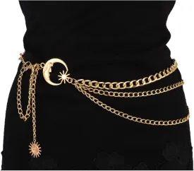 MILAKOO 3 Layered Metal Waist Chain Belt for Women Moon & Sun Belly Belt Body Chain Jewelry for Dress Jeans