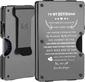 Minimalist Aluminum Wallet for Boyfriend from Girlfriend, Front Pocket Card Holder, Slim RFID Blocking Metal Money Clip, Mens Personalized Engraved Gifts for Anniversary Christmas Birthday Valentines