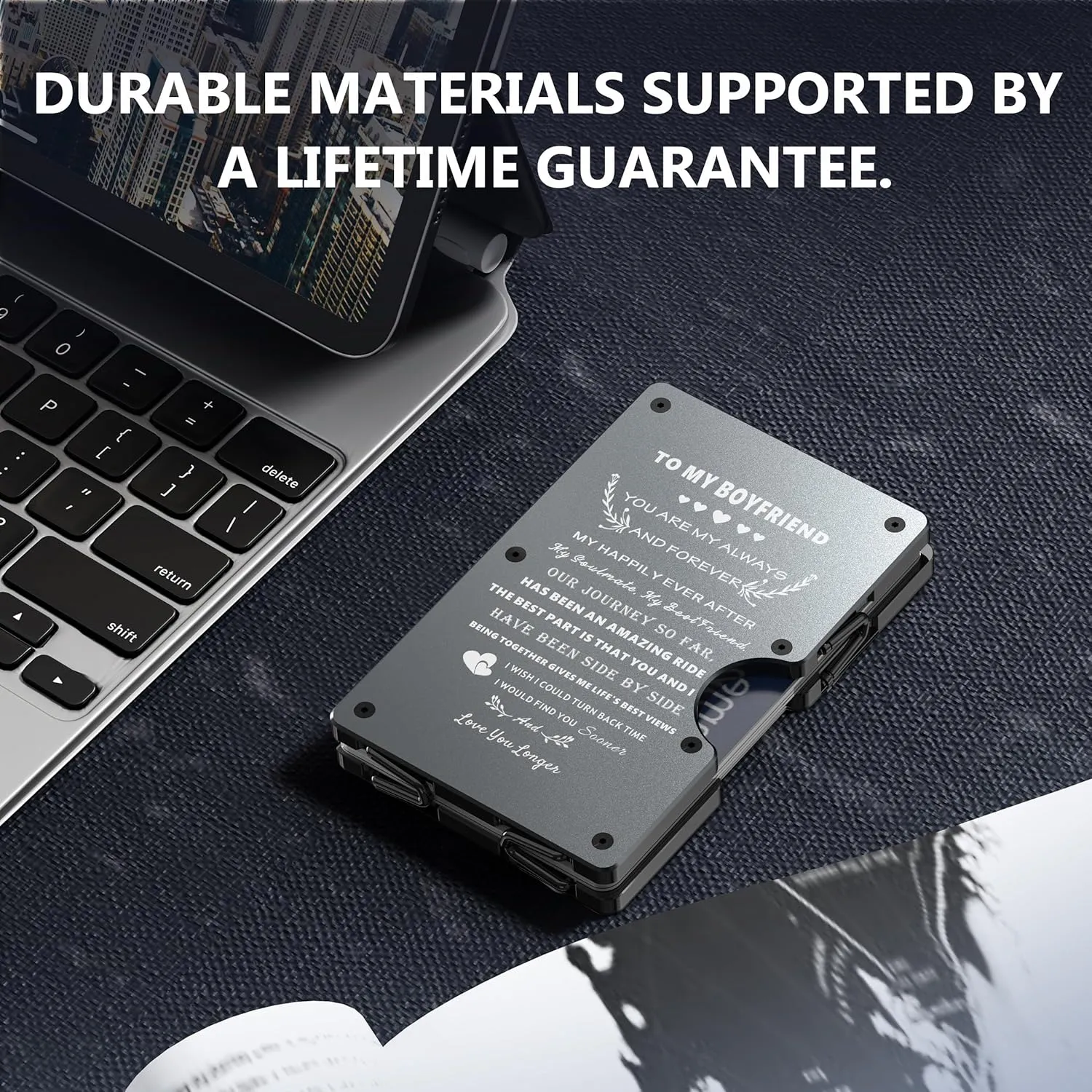 Minimalist Aluminum Wallet for Boyfriend from Girlfriend, Front Pocket Card Holder, Slim RFID Blocking Metal Money Clip, Mens Personalized Engraved Gifts for Anniversary Christmas Birthday Valentines