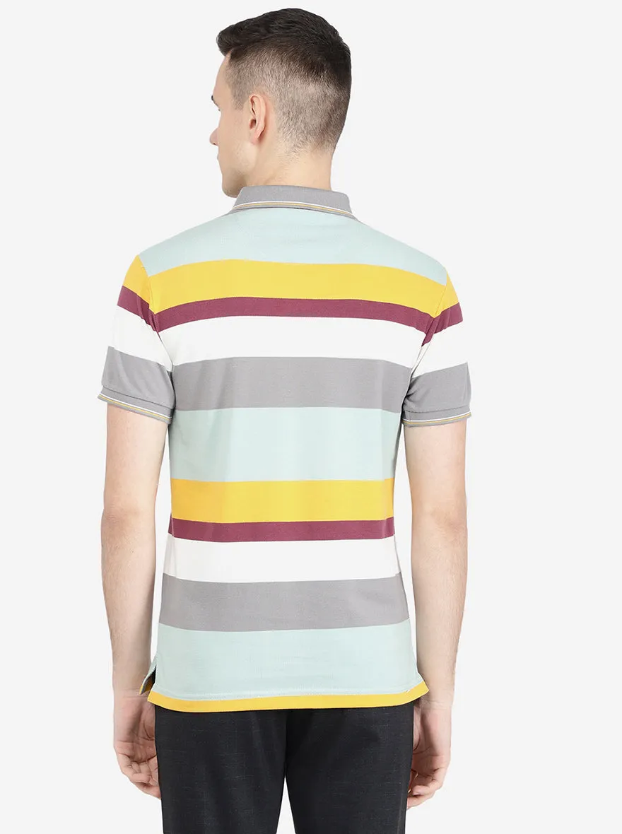 Mist Green Striped Slim Fit Polo T-Shirt | Jadeblue