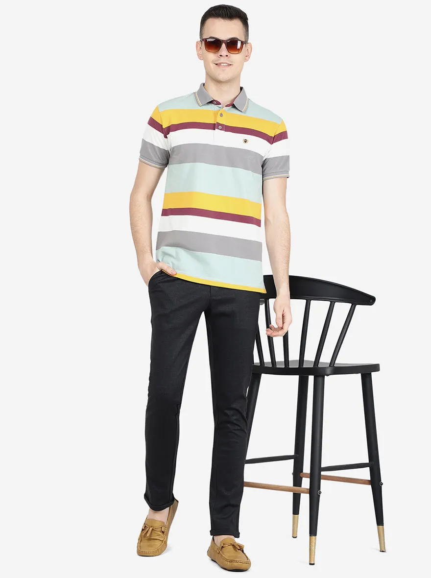 Mist Green Striped Slim Fit Polo T-Shirt | Jadeblue