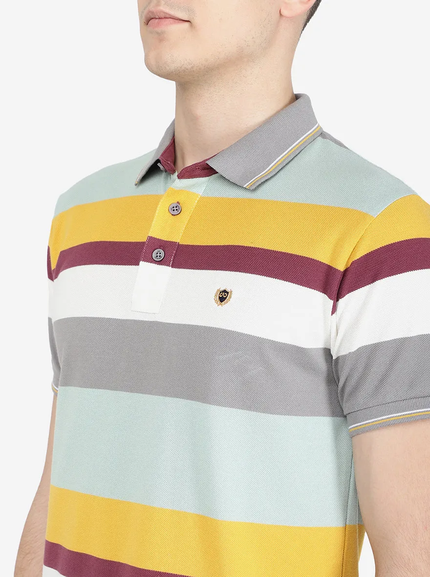 Mist Green Striped Slim Fit Polo T-Shirt | Jadeblue