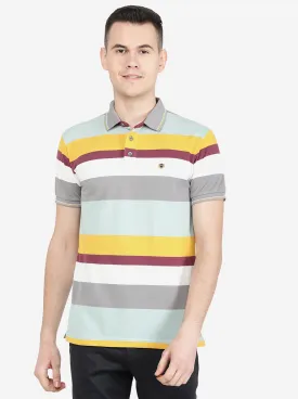 Mist Green Striped Slim Fit Polo T-Shirt | Jadeblue