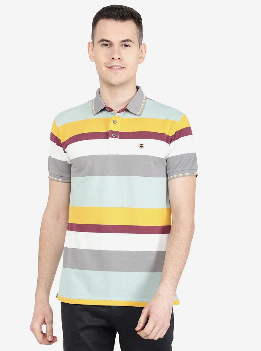 Mist Green Striped Slim Fit Polo T-Shirt | Jadeblue